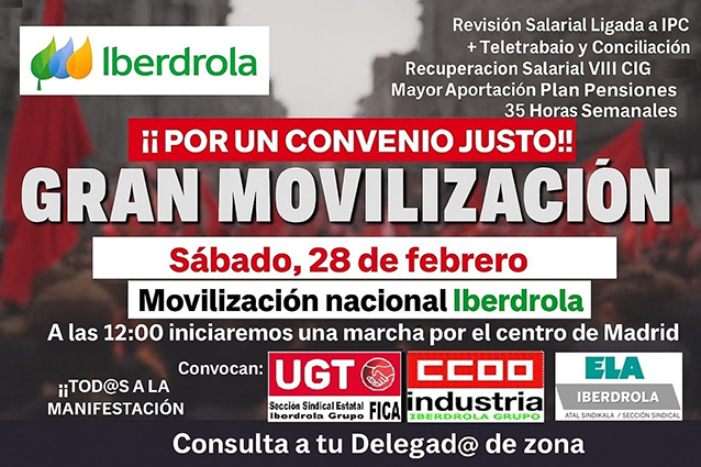 Sindicatos convocan una manifestación masiva conjunta este sábado en Madrid para exigir a Iberdrola que pague a su plantilla lo que se merece